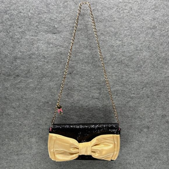 Cocktail Clutch By Leslie Dasch Black Sparkle Gold Bow NWOT READ - Picture 2 of 12
